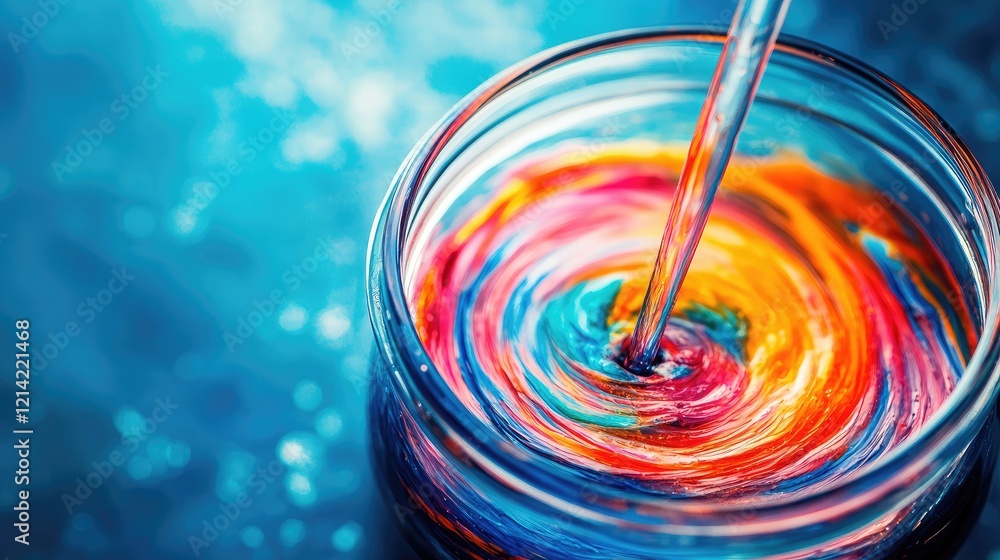 Poster a close-up of a stirring rod swirling colorful liquid in a round-bottom flask