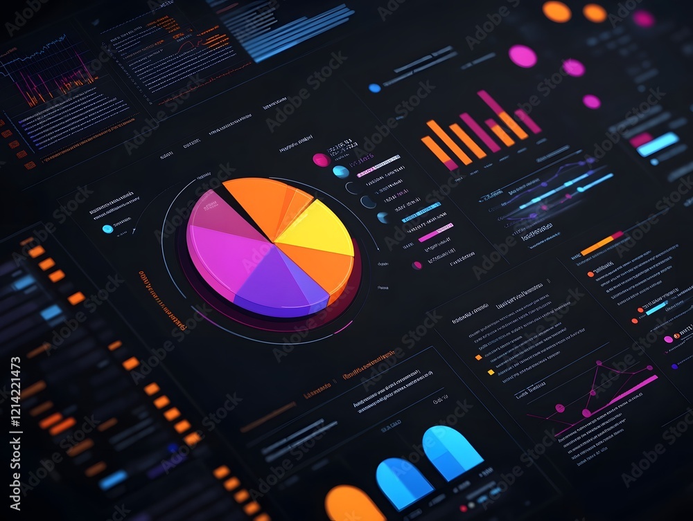 Aufkleber a vibrant digital dashboard showcasing pie charts and graphs with neon colors. an ideal representati