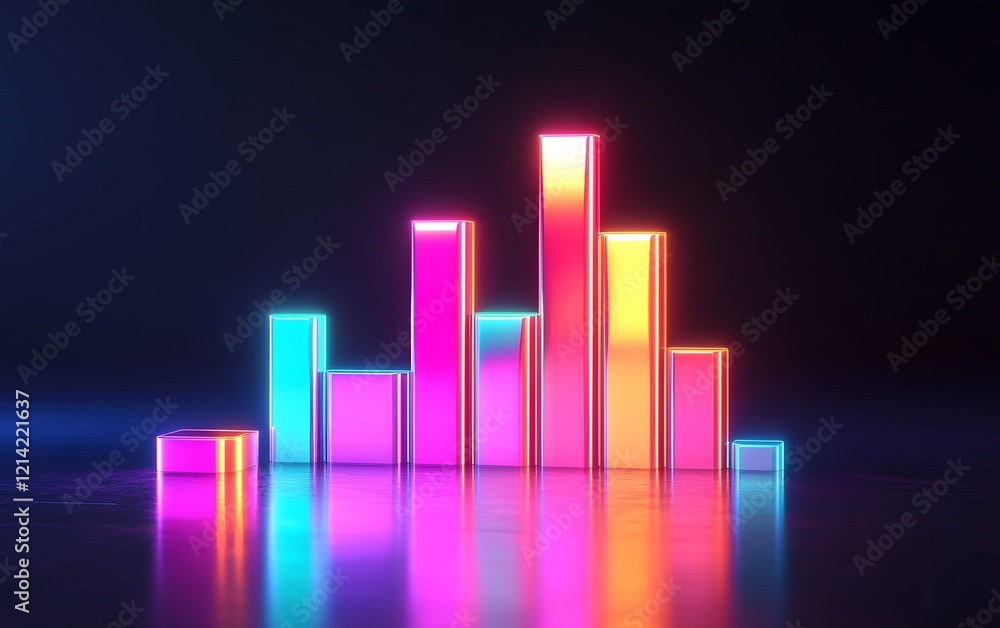 Poster a vibrant digital sound wave visualization with neon colors reflecting on a smooth surface. ideal fo