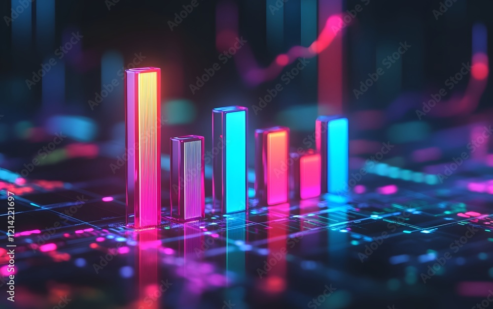 Poster a vibrant futuristic digital graph displaying colored bars representing data trends and insights. id