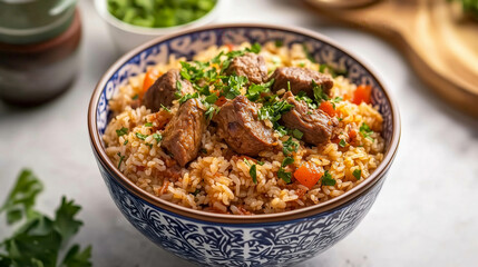 Steaming hot claypot rice with roasted beef cubes and side dishes