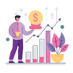 Business Growth A Man Holding a Gold Coin with Increasing Charts