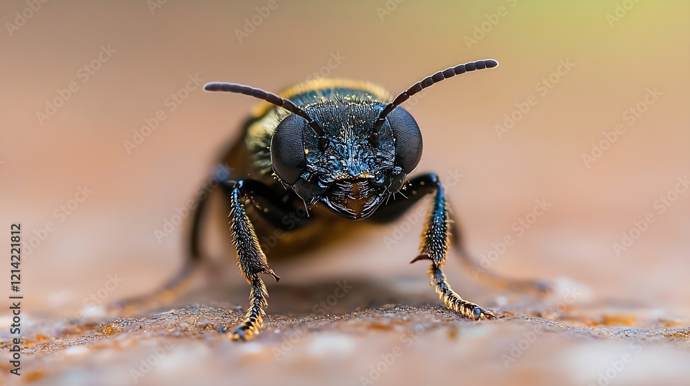 Poster macro photograph of black and yellow beetle with intricate details : generative ai