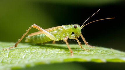 Naklejka premium Green Grasshopper on Leaf Captured in Detailed Macro Photography : Generative AI