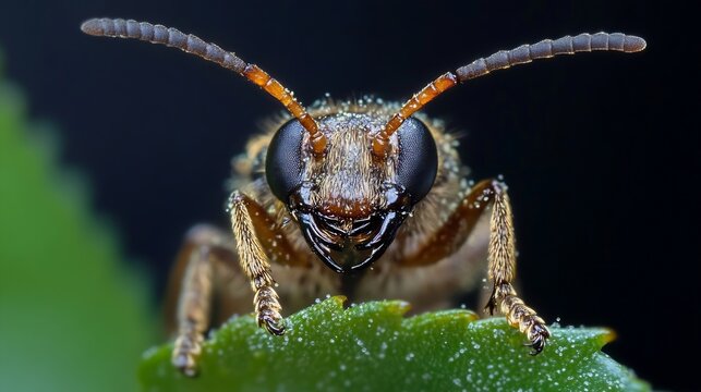 Macro Photo of Black and Orange Wasp Highlighting Facial Details on Green Leaf : Generative AI