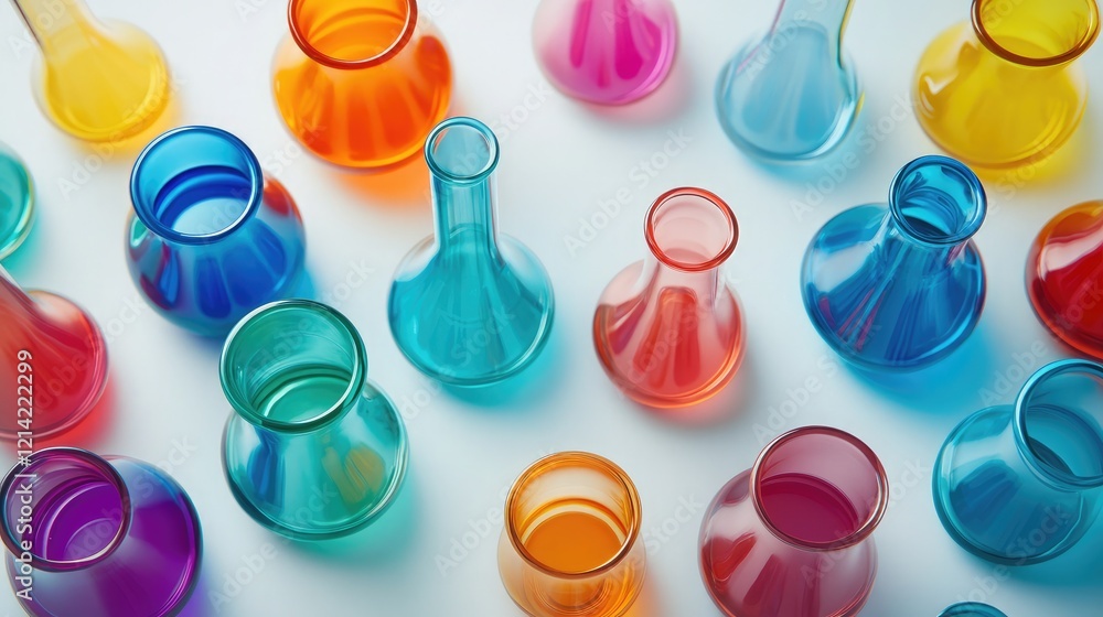 Poster a collection of erlenmeyer flasks, some empty and others filled with colorful liquids, arranged on a