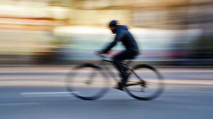 Naklejka premium Motion Blur Photography of a Cyclist Speeding through an Urban Cityscape on a Sunny Day : Generative AI