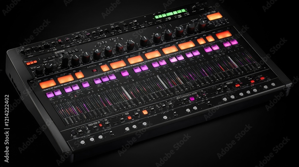 Poster a collection of glowing faders on a professional mixing console under dim studio lighting