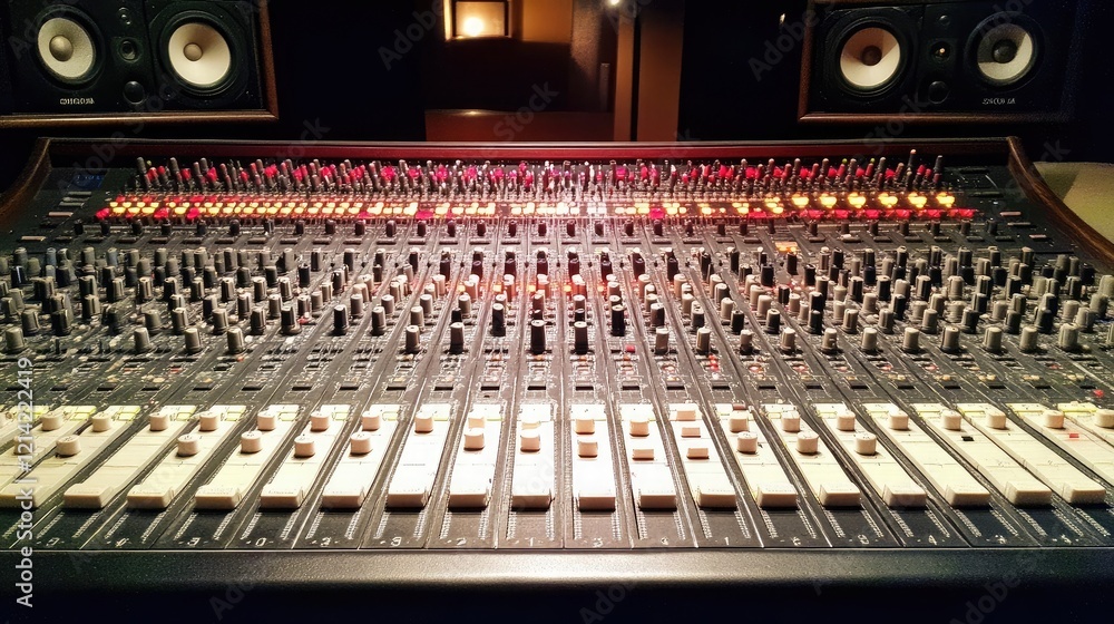 Poster a collection of glowing faders on a professional mixing console under dim studio lighting