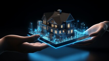 3D rendering isometric smart home in hand, futuristic urban design with tiny glowing windows, dark background