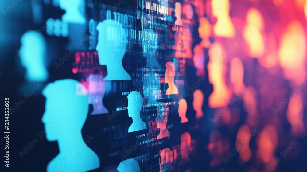 Poster binary code flowing over human profile icons represents the concept of artificial intelligence selec