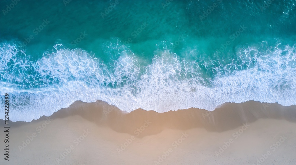 Aufkleber aerial view of ocean waves gently crashing onto a pristine sandy beach shoreline : generative ai