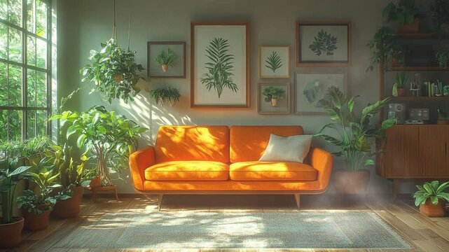 Cozy living room with orange sofa and indoor plants illuminated by natural sunlight seamless looping 4k time-lapse animation video background