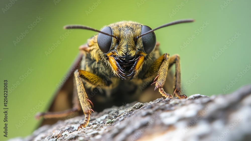 Poster detailed macro shot of leafcutting bee on a bark with focus on head and legs : generative ai