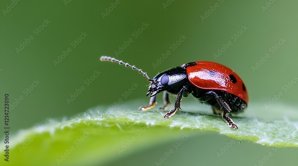 Poster closeup macro shot of red and black beetle perched on green leaf : generative ai