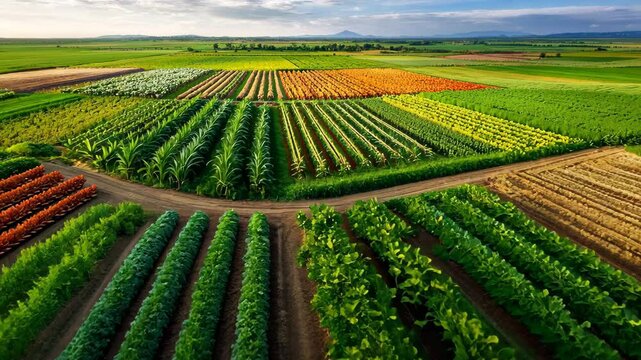 The aerial drone photo showcases a vibrant patchwork of fields filled with a diverse array of crops including fruits, vegetables, and grains