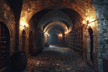 Fototapeta premium Explore the charm of an ancient stone wine cellar with cobblestone floors and flickering sconces