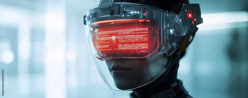 Poster futuristic robotic figure with a high-tech visor displaying glowing interfaces