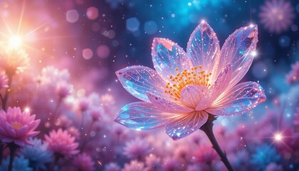 Celestial Lotus Bloom: A delicate pink lotus flower, shimmering with dew drops and bathed in ethereal light, glows amidst a field of flowers, evoking a sense of otherworldly beauty and serenity.