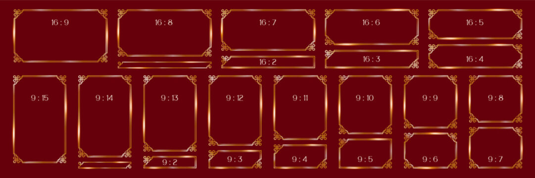 Asian frames set gold line, thin luxury borders of rectangular shape, different format