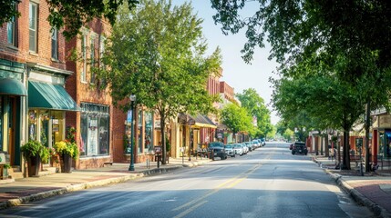 A street view of downtown Independence, Missouri, with historical buildings and local shops lining the street.
