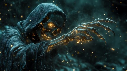 Grim reaper extending skeletal hand illuminated by a chilling glow creating dramatic ambiance