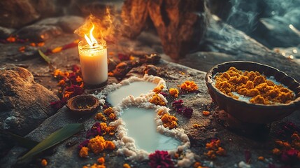 Ritualistic scene with candle, milk, flowers, and incense.