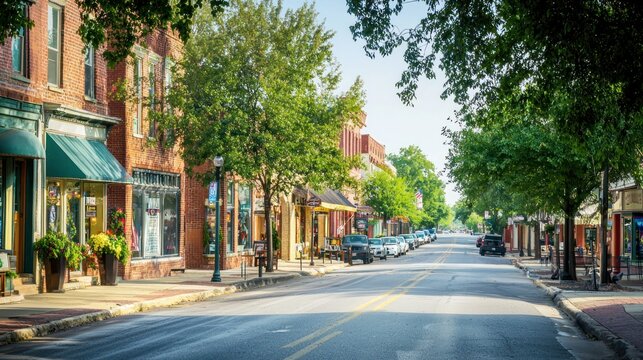 Fototapeta A street view of downtown Independence, Missouri, with historical buildings and local shops lining the street.