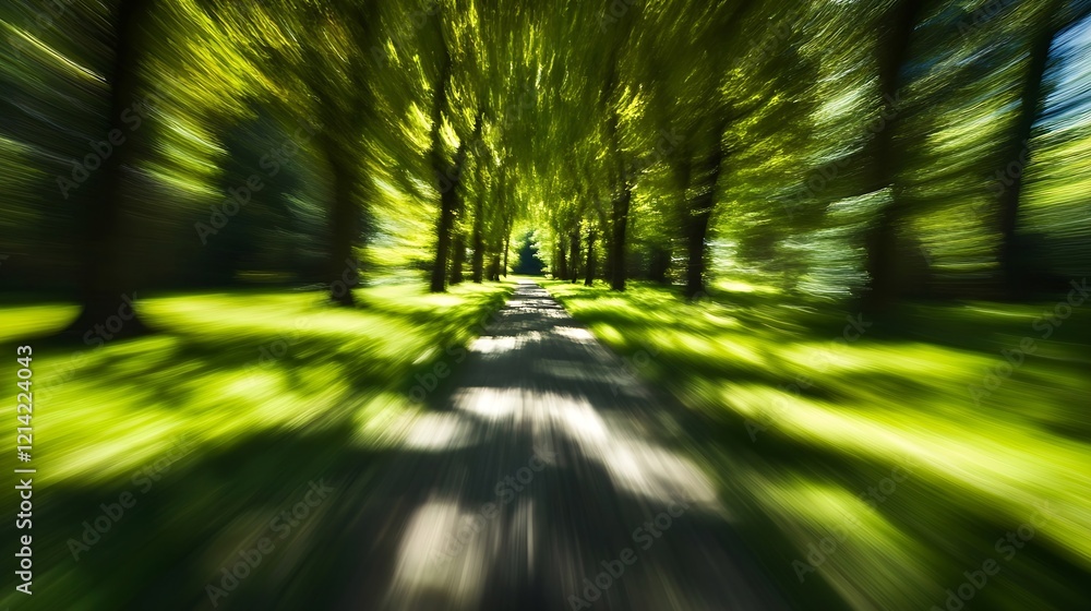 Aufkleber Scenic Treelined Path with Motion Blur Effect in Lush Green Forest Setting : Generative AI