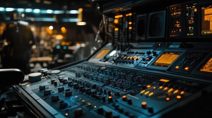 Fototapeta premium A high-tech mixing board with glowing sliders, knobs, and digital displays in a dark studio