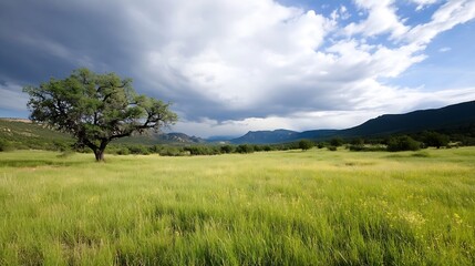 Expansive Green Meadow Landscape with Majestic Tree Under Dramatic Cloudy Sky : Generative AI