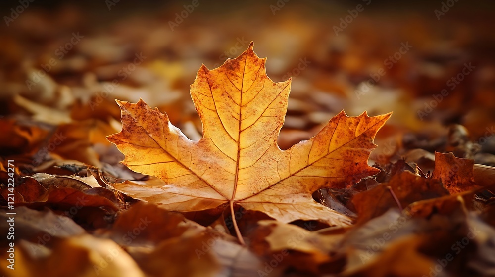 Poster golden brown maple leaf resting on a carpet of autumn leaves : generative ai