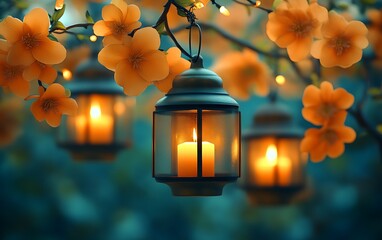 Illuminated lanterns hanging from flowering branches at night.