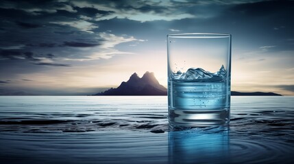 A glass with water is in front of a backdropv