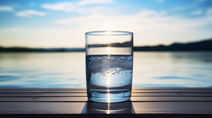 A glass with water is in front of a backdropv