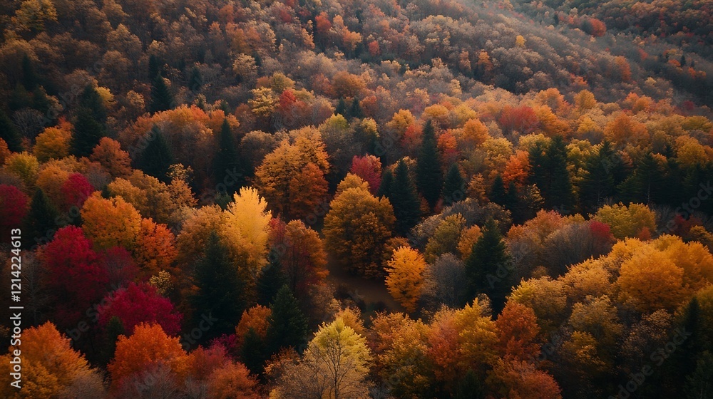 Poster breathtaking aerial view of vibrant autumn forest with colorful foliage : generative ai