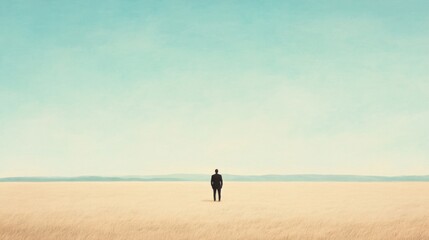 Solitary figure in vast, flat field under a pale blue sky.
