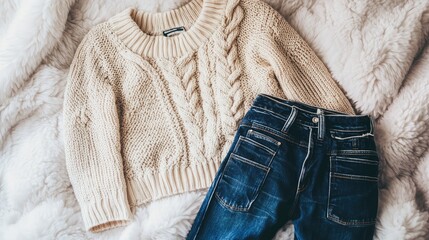 A minimalist arrangement of a sweater and a pair of jeans on a soft bedspread.