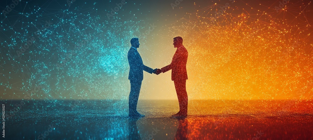 Poster digital business collaboration handshake in abstract cyberspace symbolizing global technology.