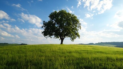 Fototapeta premium Majestic Solitary Tree on a Verdant Hill Under Blue Sky Landscape : Generative AI