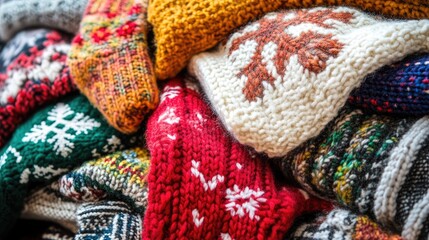 Fototapeta premium A pile of winter sweaters with snowflakes and festive patterns.