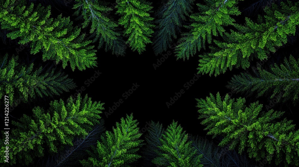 Poster evergreen frame: a lush circle of verdant pine branches creates a natural frame against a stark blac