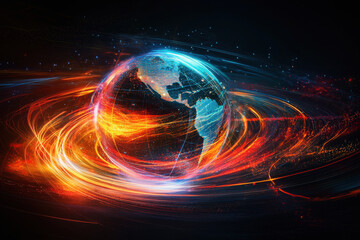 Fototapeta premium Dynamic light trails encircle a globe showcasing global motion and connectivity in vibrant colors