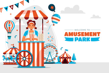 Naklejka premium Amusement park background with text in flat style