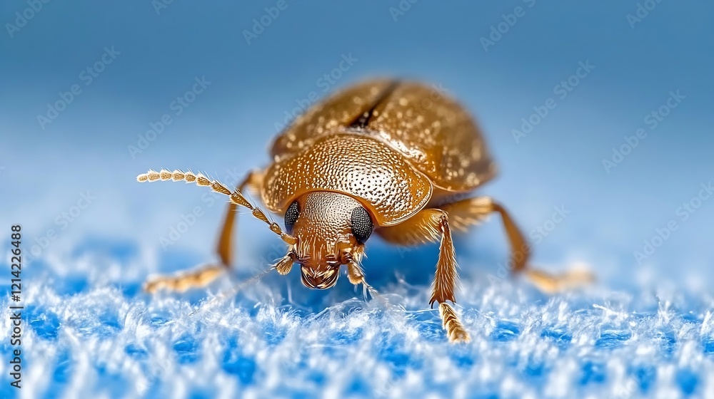 Poster golden beetle on blue textile surface closeup detailed macro image : generative ai