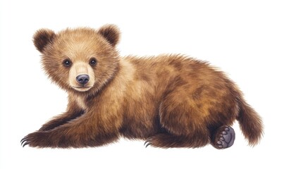 Fototapeta premium Cute brown bear cub lying on its stomach, showcasing its fluffy fur and playful demeanor in a serene setting
