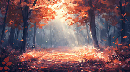 quiet forest path covered in auburn leaves, with sunlight filtering through the trees. The composition leaves ample 