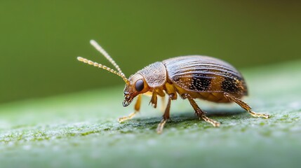 Fototapeta premium Small Beetle on Leaf Showcasing the Beautiful Patterns and Texture of Its Shell : Generative AI