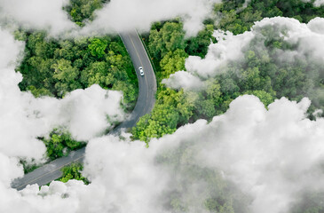 Aerial top view of electric vehicle driving on a winding highway road in green forest with fog....