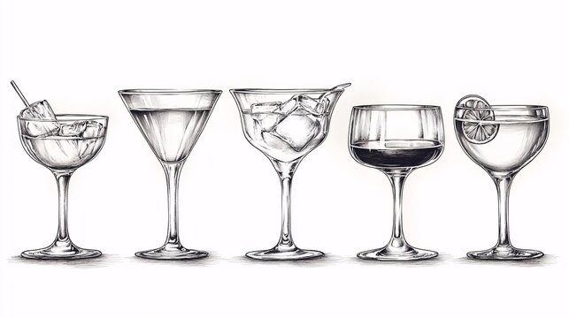Elegant hand-drawn set of cocktail glasses in different shapes, including margarita, coupe, and tumbler, ideal for bar or restaurant designs.